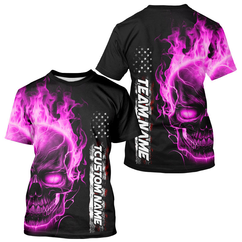 Custom Pink Flame Skull Bowling Men T-Shirts Shirts, Patriotic Bowling Halloween Outfit IPHW5279