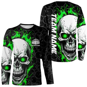 Custom Green Flame Skull Bowling Shirts For Men And Women, Bowling Team Long Sleeve Bowling Shirts IPHW5008