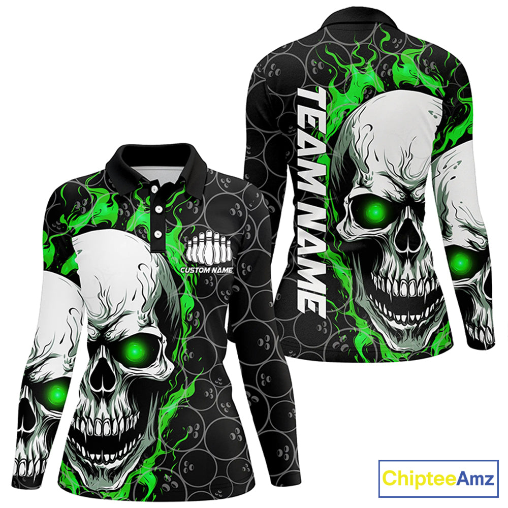 Custom Green Flame Skull Bowling Shirts For Women, Bowling Team Long Sleeve Bowling Shirts IPHW5008