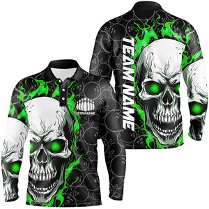 Custom Green Flame Skull Bowling Shirts For Men, Bowling Team Long Sleeve Bowling Shirts IPHW5008