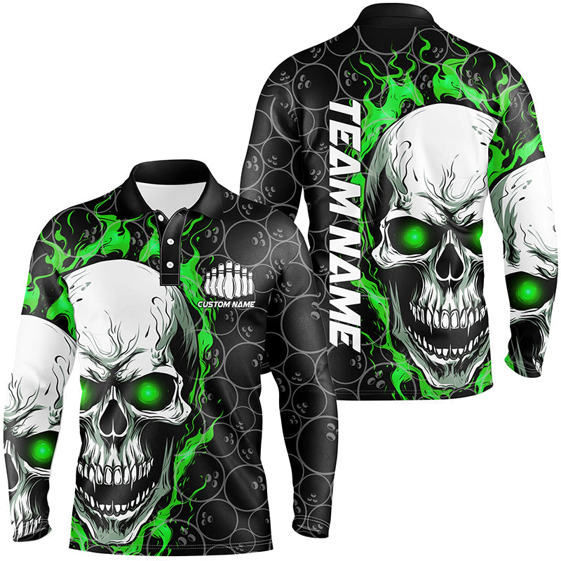 Custom Green Flame Skull Bowling Shirts For Men, Bowling Team Long Sleeve Bowling Shirts IPHW5008