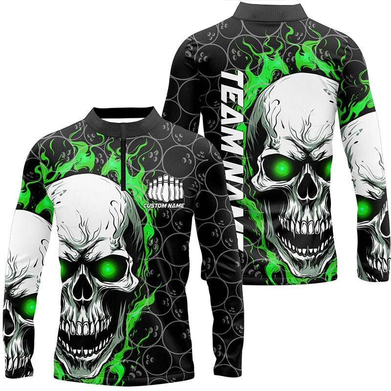 Custom Green Flame Skull Bowling Shirts For Men, Bowling Team Long Sleeve Bowling Shirts IPHW5008