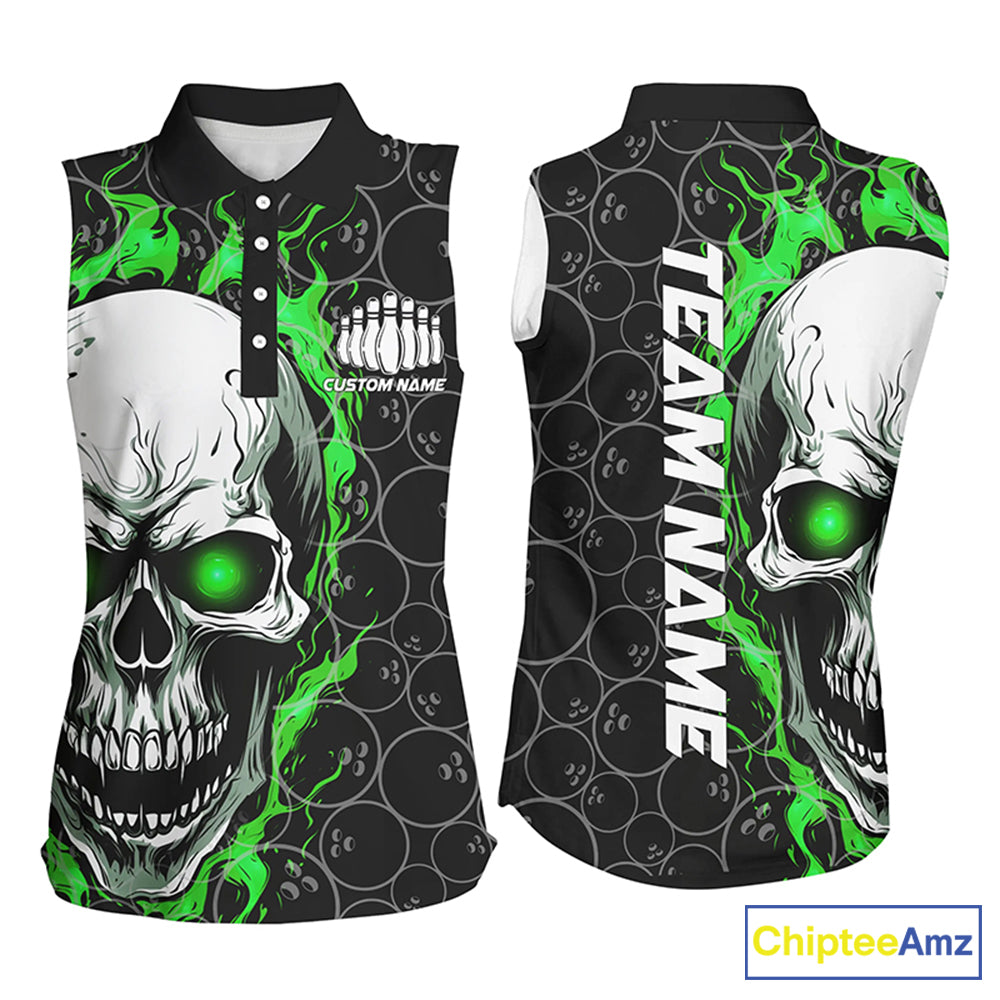 Custom Green Flame Skull Bowling Shirts For Women, Bowling Team Sleeveless Bowling Shirts IPHW5008