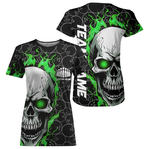 Custom Green Flame Skull Bowling T-Shirts For Women, Halloween Bowler Jerseys IPHW5008
