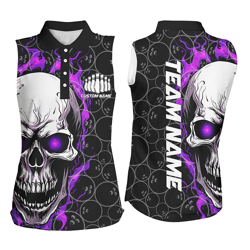 Custom Purple Flame Skull Bowling Shirts For Women, Bowling Team Sleeveless Bowling Shirts IPHW5009