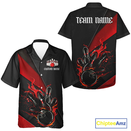 Red And Black Custom Flame Bowling Hawaiian Shirts For Kid, Bowling Team Shirts With Name IPHW6185