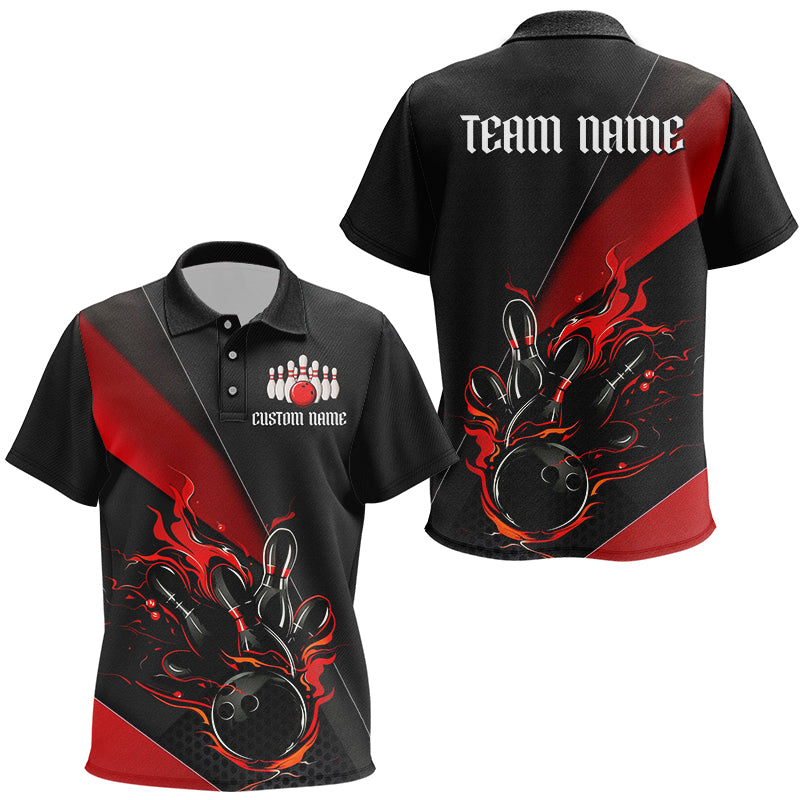 Red And Black Custom Flame Bowling Polo Shirts For Kid, Bowling Team Shirts With Name IPHW6185