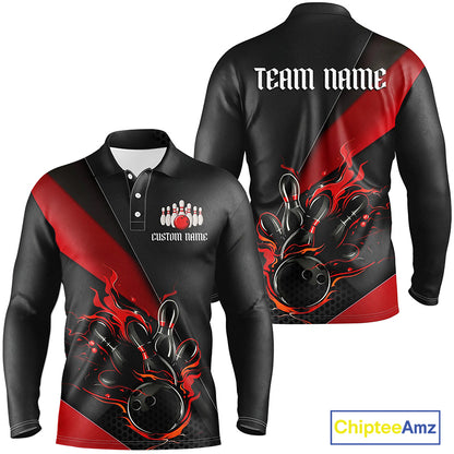 Red And Black Custom Flame Bowling Shirt For Men, Long Sleeve Bowling Team Shirts With Name IPHW6185