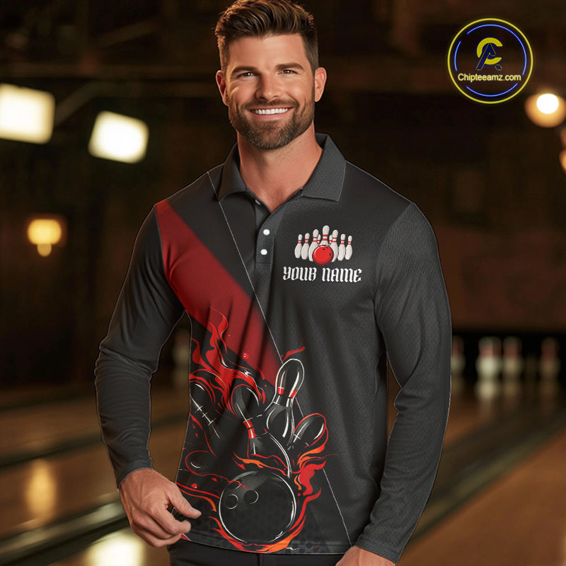 Red And Black Custom Flame Bowling Shirt For Men, Long Sleeve Bowling Team Shirts With Name IPHW6185