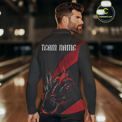 Red And Black Custom Flame Bowling Shirt For Men, Long Sleeve Bowling Team Shirts With Name IPHW6185