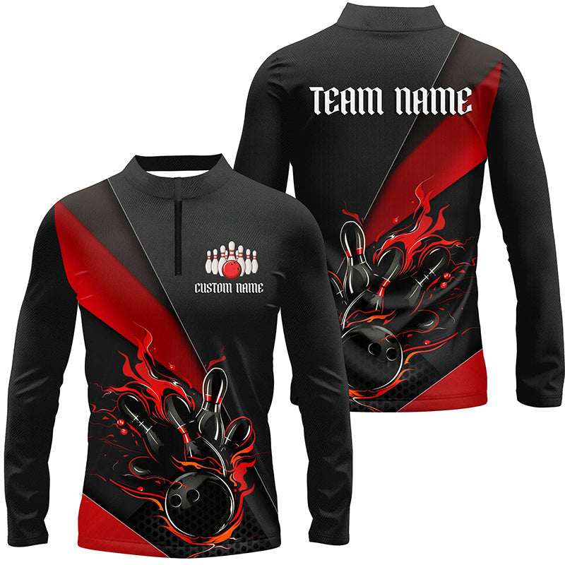 Red And Black Custom Flame Bowling Shirt For Men, Long Sleeve Bowling Team Shirts With Name IPHW6185