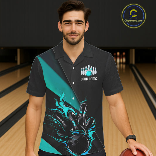 Custom Black And Blue Flame Bowling Tournament Men Hawaiian Shirts, Bowling Team Shirts IPHW6186