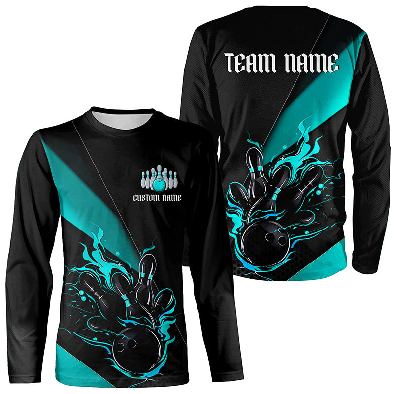 Blue And Black Custom Flame Bowling Shirt For Men And Women, Long Sleeve Bowling Team Shirts With Name IPHW6186