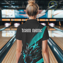 Load image into Gallery viewer, Black And Blue Custom Name Bowling Tournament Jerseys For Women, Bowling Team Shirts IPHW6186