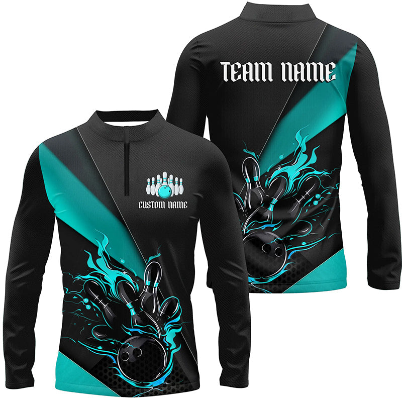 Blue And Black Custom Flame Bowling Shirt For Men, Long Sleeve Bowling Team Shirts With Name IPHW6186