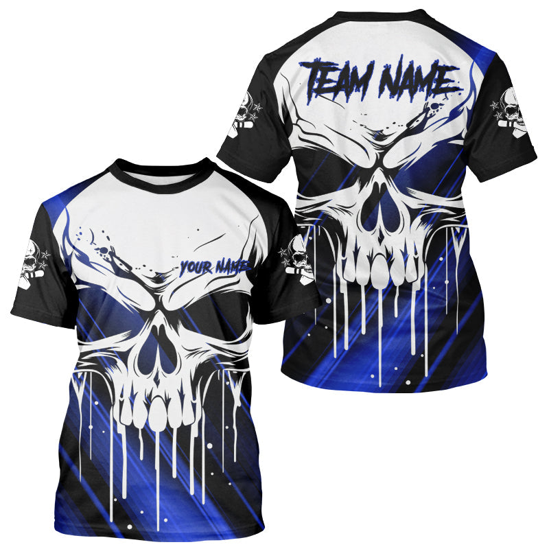 Custom Blue Skull Bowling T-Shirts For Men, Halloween Bowlers Jerseys IPHW5321