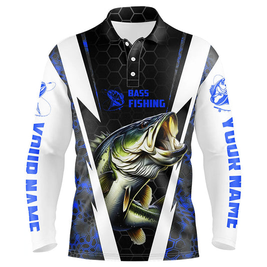 Custom Bass Fishing Jerseys, Largemouth Bass Long Sleeve Polo Fishing Shirts | Blue Camo IPHW3517