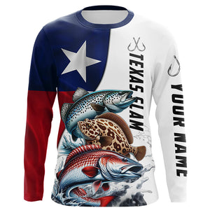 Texas Slam Redfish, Trout, Flounder Custom Long Sleeve Fishing Shirts, Texas Flag Fishing Jerseys IPHW6229