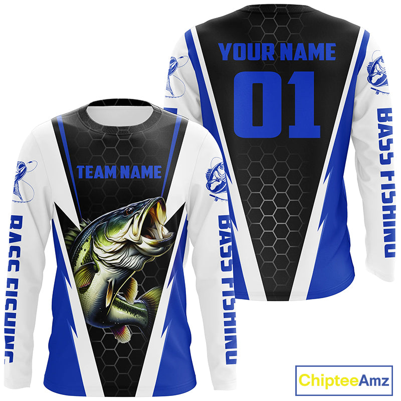 Personalized Bass Fishing Sport Jerseys, Bass Fishing Long Sleeve Tournament Shirts |Blue IPHW3744