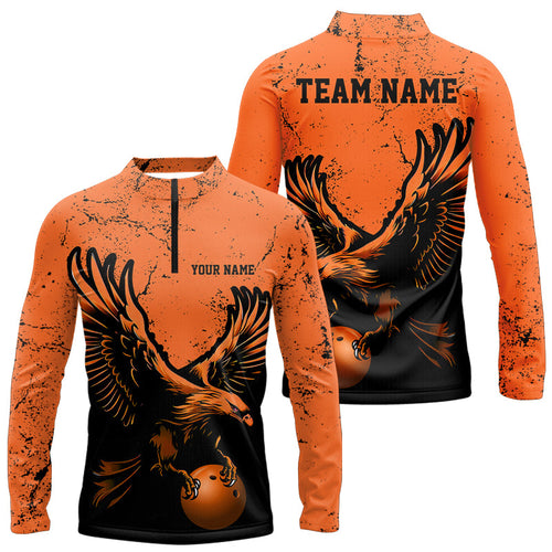 Custom Orange Eagle Men Bowling Long Sleeve Quarter-Zip Shirts Grunge Vintage Bowling Jerseys IPHW5343