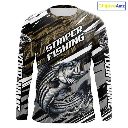 Striped Bass Fishing Camo Long Sleeve Fishing Shirts, Custom Striper Tournament Fishing Jerseys IPHW5954