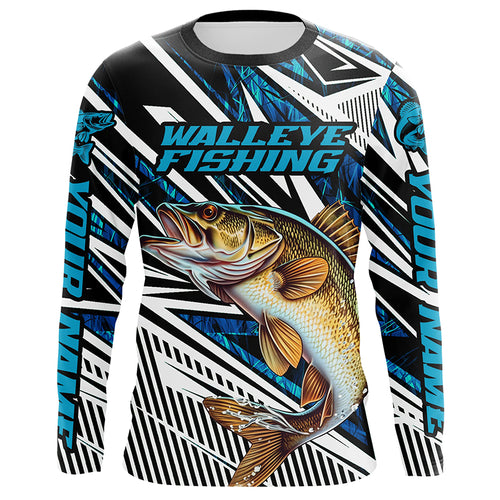 Custom Walleye Fishing Camo Long Sleeve Tournament Fishing Shirts, Walleye Fishing Jerseys | Blue IPHW5962