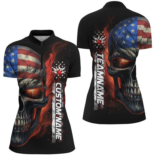 Flame Skull American Flag Custom Women's Team Bowling Shirts, Patriotic Bowling Jerseys IPHW5176