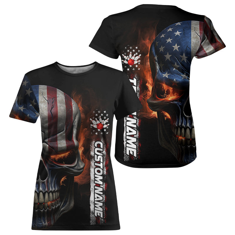 Flame Skull American Flag Custom Team Bowling Women T-Shirts, Patriotic Bowling Jerseys IPHW5177