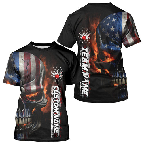 Flame Skull American Flag Custom Team Bowling Men T-Shirts, Patriotic Bowling Jerseys IPHW5177