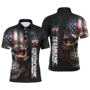 Flame Skull American Flag Custom Team Bowling Shirts For Men, Patriotic Bowling Shirt Jerseys IPHW5178
