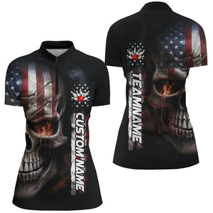 Flame Skull American Flag Custom Women's Team Bowling Shirts, Patriotic Bowling Shirt  IPHW5178