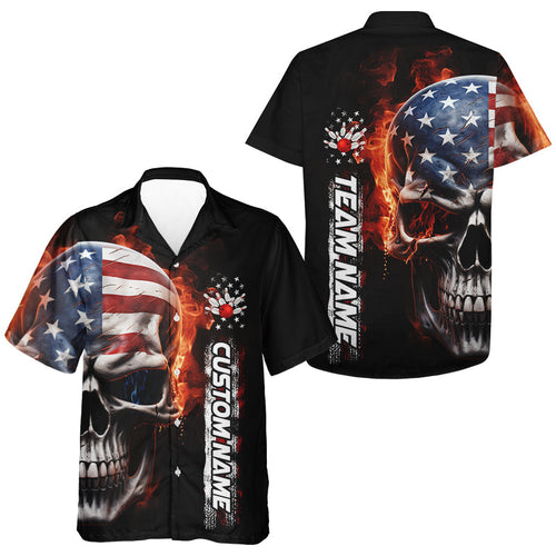 Flame Skull American Flag Custom Team Bowling Hawaiian Shirts For Men, Patriotic Bowling Jersey IPHW5179