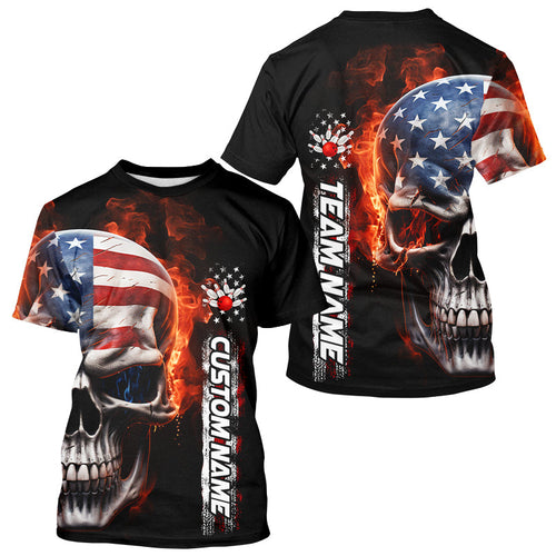 Flame Skull American Flag Custom Team Bowling T-Shirts For Men, Patriotic Bowling Jersey IPHW5179
