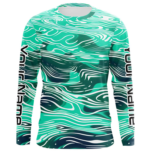 Green Water Camo Custom Long Sleeve Tournament Fishing Shirts, Uv Protection Fishing Jerseys IPHW5867