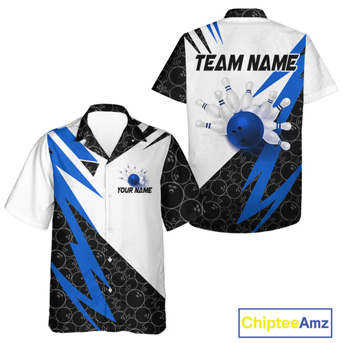 Black and White Hawaiian bowling shirt Custom Lightning Team bowling button up shirt | Blue NQS9837