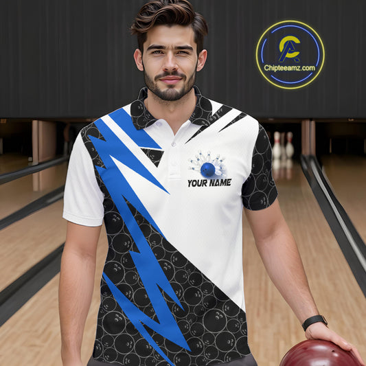 Black and White Bowling Polo, Quarter Zip Shirt for Men Custom Lightning Team bowling jerseys | Blue NQS9837