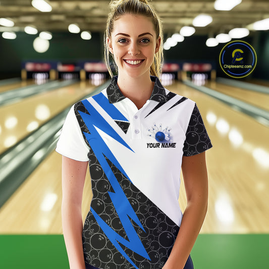 Black and White Bowling Polo, Quarter Zip Shirt for Women Custom Lightning Team bowling jerseys | Blue NQS9837