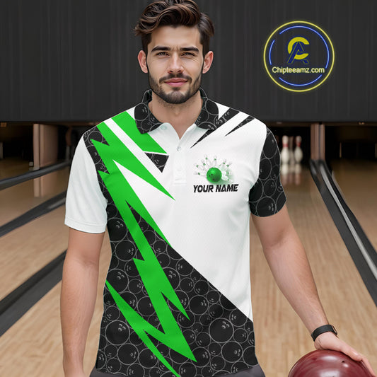 Black and White Bowling Polo, Quarter Zip Shirt for Men Custom Lightning Team bowling jerseys | Green NQS9838