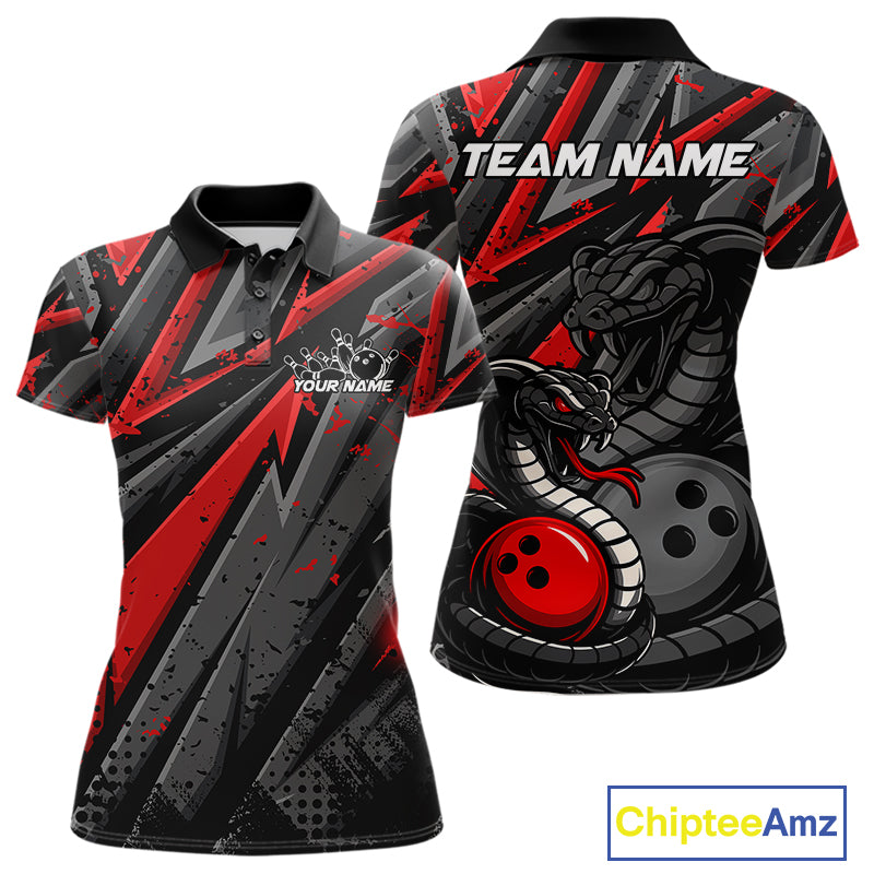 Custom Grunge Black And Red Cobra Snake Bowling Women Polo Shirts With Team Name IPHW9027