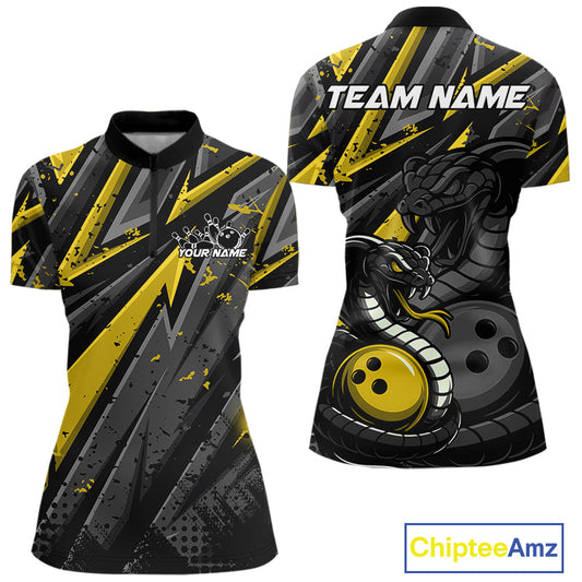 Custom Grunge Black And Yellow Cobra Snake Bowling Women Quarter-Zip Shirt With Team Name IPHW9028