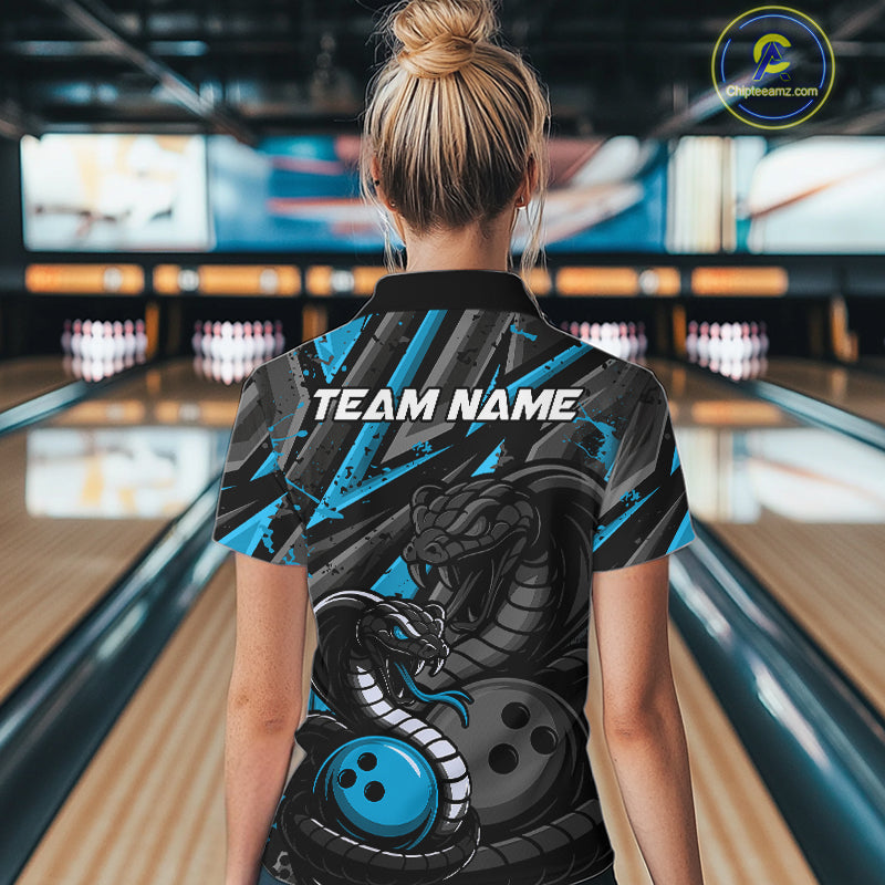Custom Grunge Black And Blue Cobra Snake Bowling Women Quarter-Zip Shirts With Team Name IPHW9029
