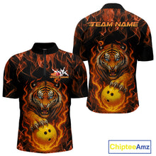 Load image into Gallery viewer, Custom Fire Flame Tiger Bowling Team Quarter-Zip Shirts For Men, Tournament Bowling Outfit IPHW9037