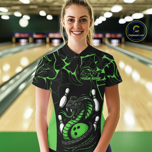 Custom Black And Green Cobra Snake Bowling Jerseys, Bowling Team Women Quarter-Zip Shirts IPHW9039