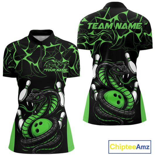 Custom Black And Green Cobra Snake Bowling Jerseys, Bowling Team Women Quarter-Zip Shirts IPHW9039