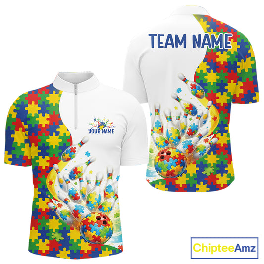 Front And Back View Of Mens Bowling Quarter-Zip Shirt Mockup Featuring Colorful Autism-Themed Bowling Strike Illustration With Puzzle Pattern Artwork
