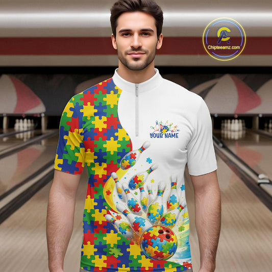 In Bowling Lane, Front View Male Model Wearing Quarter-Zip Shirt Showcasing Autism Bowling Strike Graphics And Vibrant Puzzle-Inspired Illustration