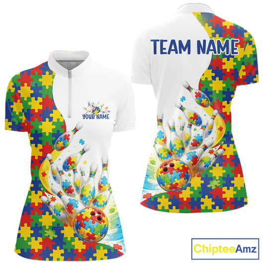 Front and back view of a women’s quarter-zip bowling shirt mockup featuring colorful autism-themed bowling strikes and puzzle-inspired design elements.