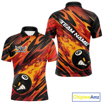 Custom Red Orange Billiards Jersey Featuring Angry Flame 8 Ball Pool Men Polo Shirt IPHW11777