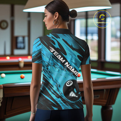 Custom Blue Billiards Jersey Featuring Angry Flame 8 Ball Pool Women Polo Shirt IPHW11779