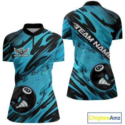 Custom Blue Billiards Jersey Featuring Angry Flame 8 Ball Pool Women Quarter-Zip Shirt IPHW11779